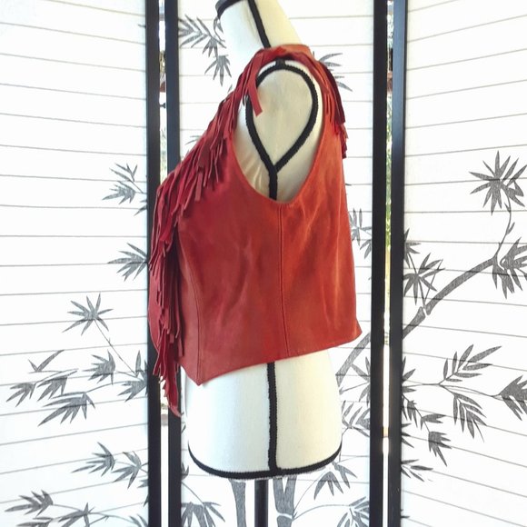 RARE Vintage 1970s Red Sun Faded Suede Fringe Vest Jacket - Picture 6 of 16